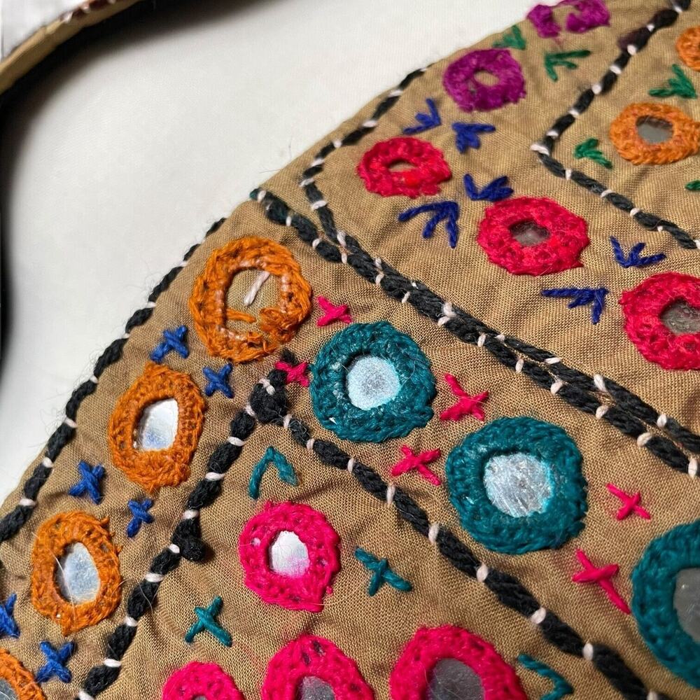Vintage Multicolor Ethnic Look Mirror Work Embroidered Colorful Brown Black Back - Picture 6 of 7